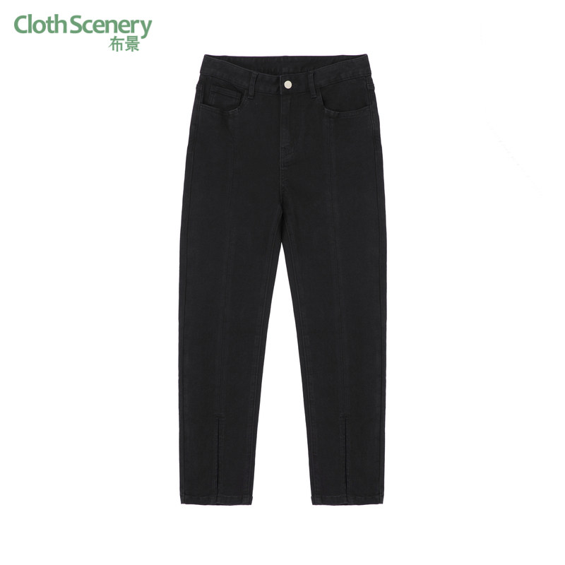 布景牛仔裤女秋季新品时尚潮流水洗微弹黑色裤子九分裤0956