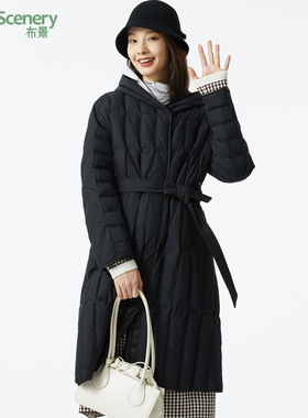 布景羽绒服女中长款冬季新品简约后开叉连帽直筒宽松外套1704