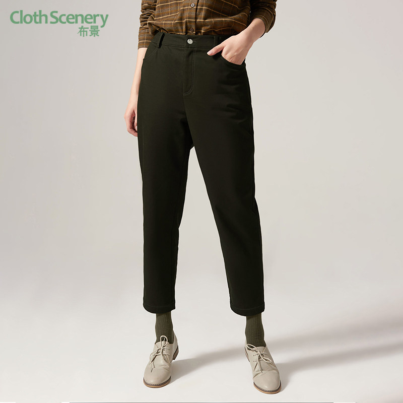 布景休闲裤女冬季新品简约加绒小脚口弹力打底铅笔裤九分长裤1622