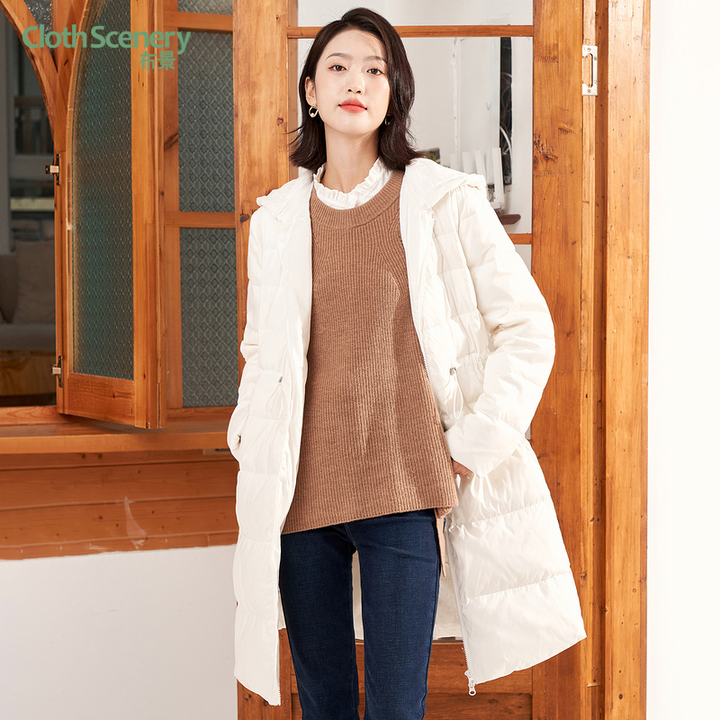 布景羽绒服女冬季新品简约连帽调节收腰纯色宽松中长款外套2042