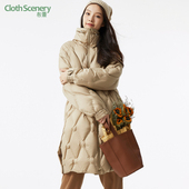 新品 布景羽绒服女中长款 冬季 简约防风立领宽松白鸭绒保暖外套1708