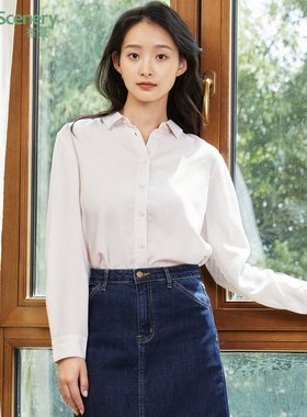 布景衬衫女春季简约通勤上衣宽松纯色长袖翻领气质薄款衬衣0966