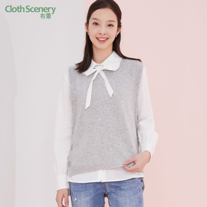 布景圆领无袖羊毛针织背心