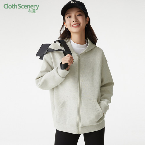 布景外套女秋季新品简约运动风纯色宽松大口袋连帽卫衣0857
