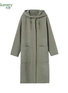 布景毛呢大衣女中长款冬季新品简约纯色大口袋连帽羊毛外套3068
