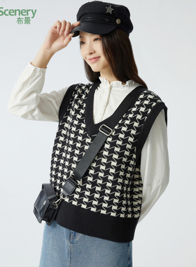 布景针织马甲女春季新品气质V领撞色提花无袖套头背心外套1605