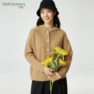 全羊毛针织开衫 布景毛衣外套女冬季 厚款 简约宽松连帽长袖 5556 新品