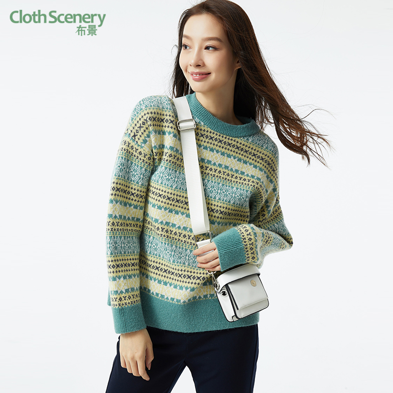 布景毛衣女冬季新品复古慵懒风圆领宽松直筒针织衫外套上衣1679