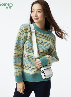 布景毛衣女冬季新品复古慵懒风圆领宽松直筒针织衫外套上衣1679