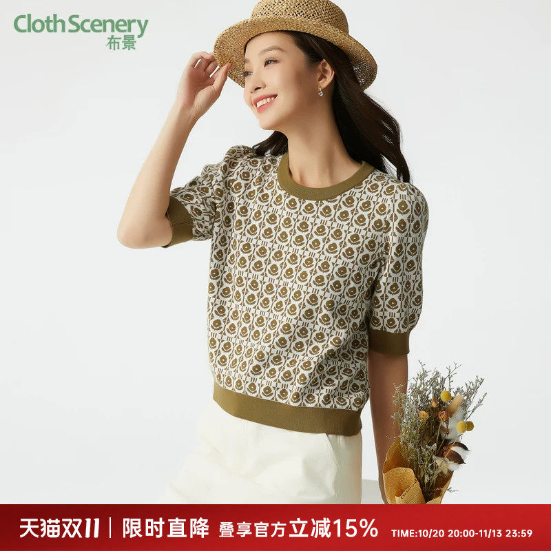 布景短袖女秋季新品简约花卉图案装饰直筒低圆领上衣针织衫1801