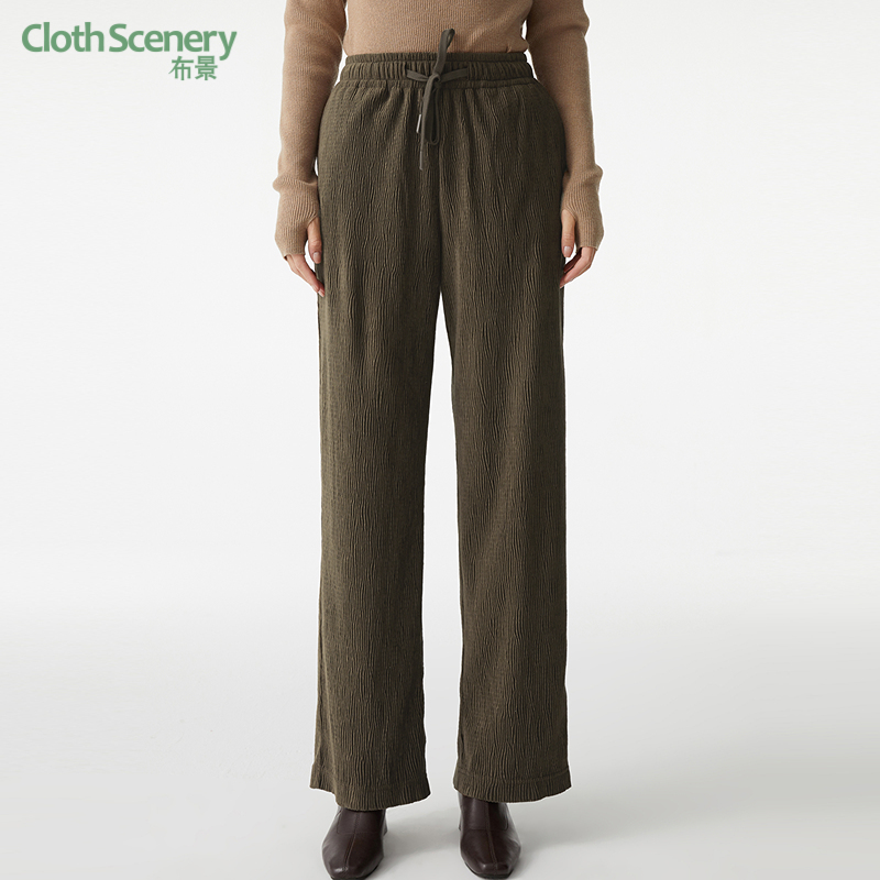 布景休闲裤女秋季新品简约系带松紧腰设计宽松直筒阔腿裤长裤0932