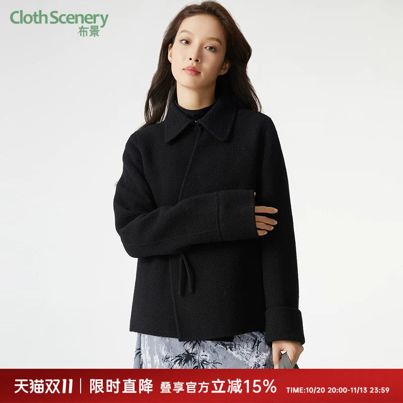 布景羊毛大衣女短款冬季新品简约文艺小众设计感翻领毛呢外套1375