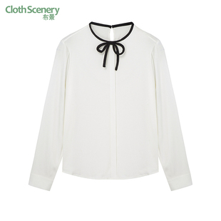 简约系带领设计含桑蚕丝套头小衫 布景衬衫 新品 秋季 2015 女长袖