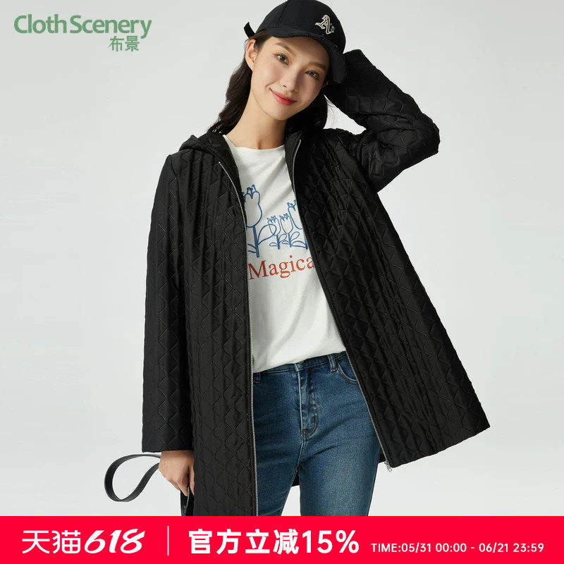 布景棉服女中长款冬季新品简约通勤连帽黑色直筒宽松外套棉衣1508