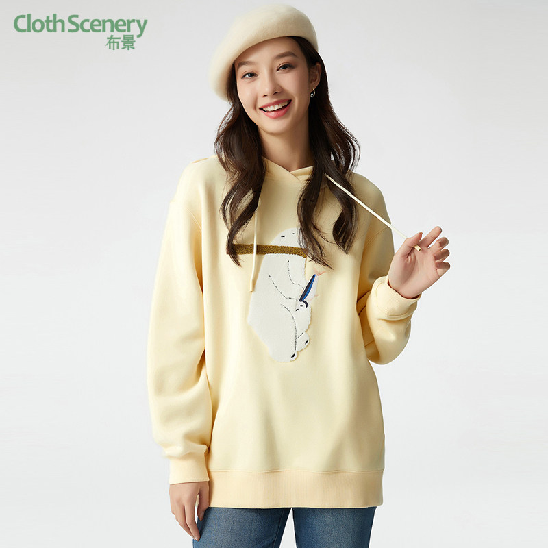 布景卫衣女加绒秋季新品简约可爱图案刺绣连帽宽松外套上衣1014