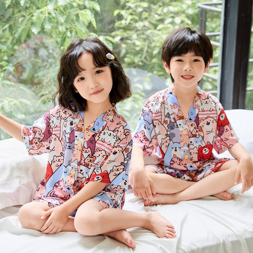 夏季儿童棉绸短袖短裤睡衣套装