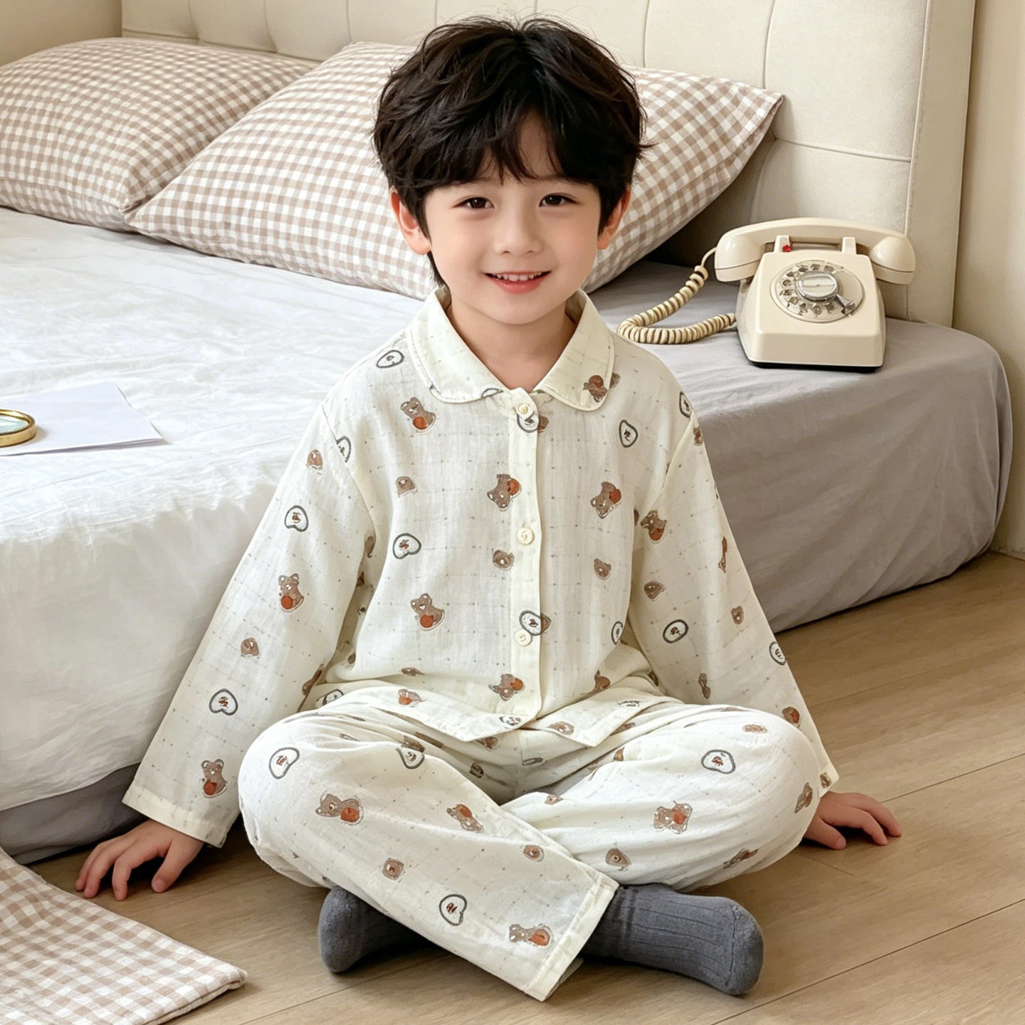 立领睡衣儿童扩胸棉纱春夏长袖夏款男女童宝宝护肚空调家居服套装