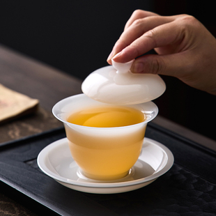 高颜值冰种璞玉瓷三才盖碗家用功夫茶具精致大小容量不烫手泡茶碗