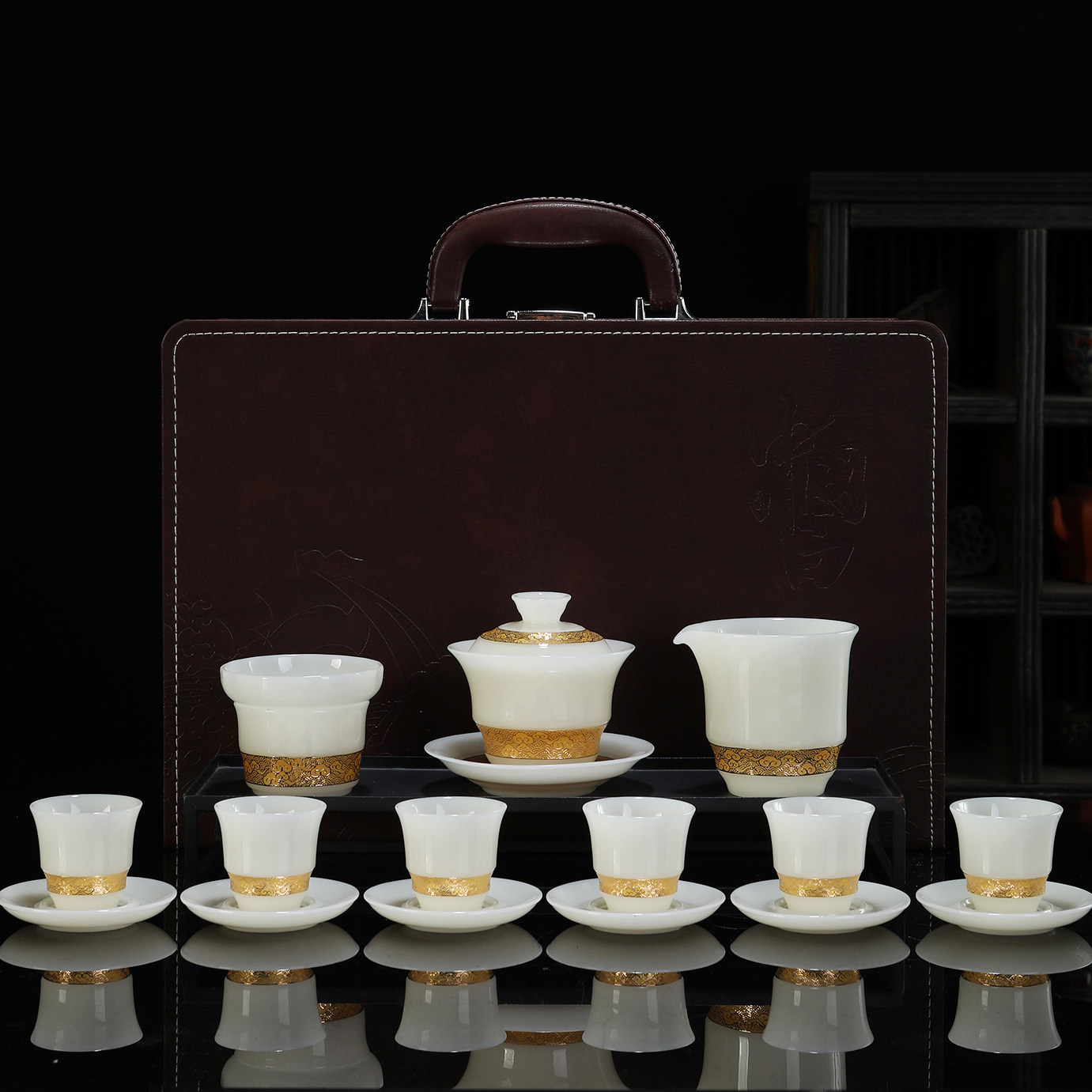 整套璞玉瓷茶具套装家用轻奢高档陶瓷功夫茶具套装送礼盒盖碗杯垫