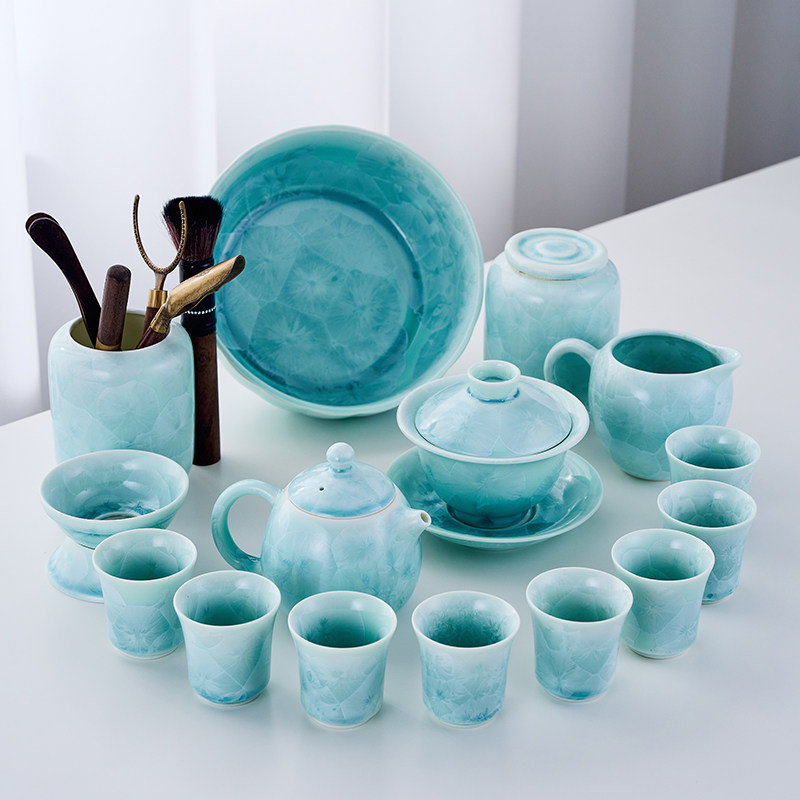 中式结晶釉功夫茶具套组青色开片冰花家用办公室会客陶瓷茶具套组