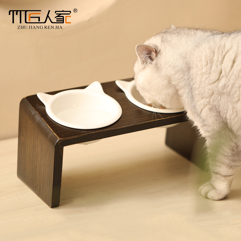 猫碗架双碗防打翻猫饭食盆狗狗碗陶瓷猫粮小型犬泰迪保护颈椎高脚