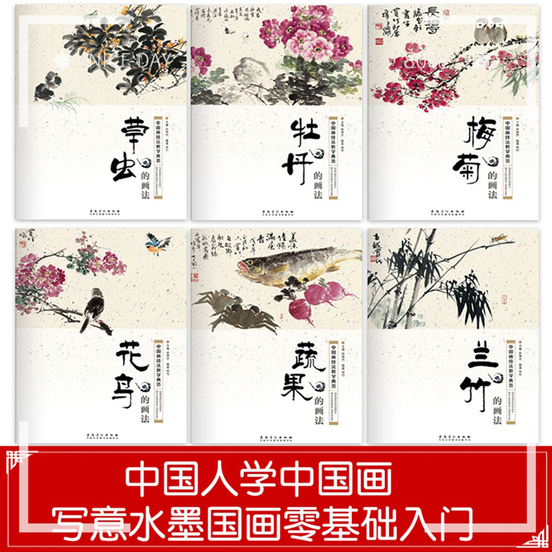 正版 中国画技法教学典范套装6册牡丹+蔬果+花鸟+兰竹+梅菊的画法少儿零基础学传统水墨国画入门基础教程自学国画教程美术培训书籍