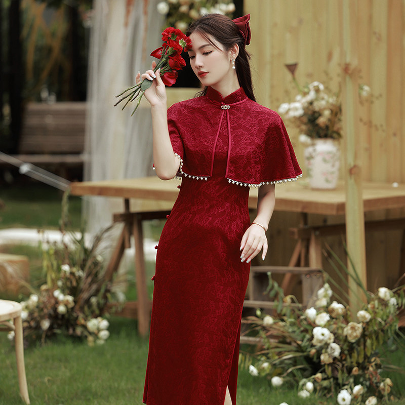 红色改良蕾丝旗袍裙子女气质春秋年轻款新娘敬酒服披肩2023新款夏