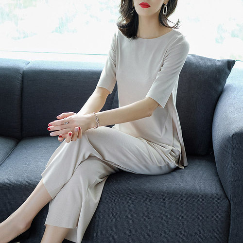 冰丝阔腿裤套装女针织衫休闲