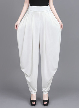 2026新款白色冰丝灯笼裤女胖妈妈高腰宽松大码显瘦弹力哈伦休闲裤