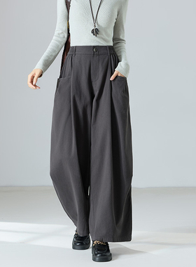 纯棉高腰灰色阔腿裤休闲裤女复古秋季新款宽松显瘦高级感百搭长裤