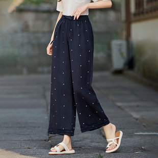 复古波点花边亚麻直筒裤女休闲裤小个子夏季时尚高腰显瘦阔腿裤