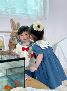 现货当天发出翻单日单小木马原单男女宝兄妹装海军领连衣裙套装