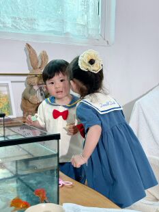 预4月出翻单日单小木马原单男女宝兄妹装海军领连衣裙套装看描述