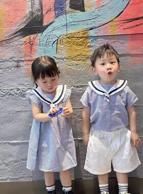 现货当天发翻单款外贸小蓝狗系列夏款女宝宝可爱连衣裙包屁衣套装