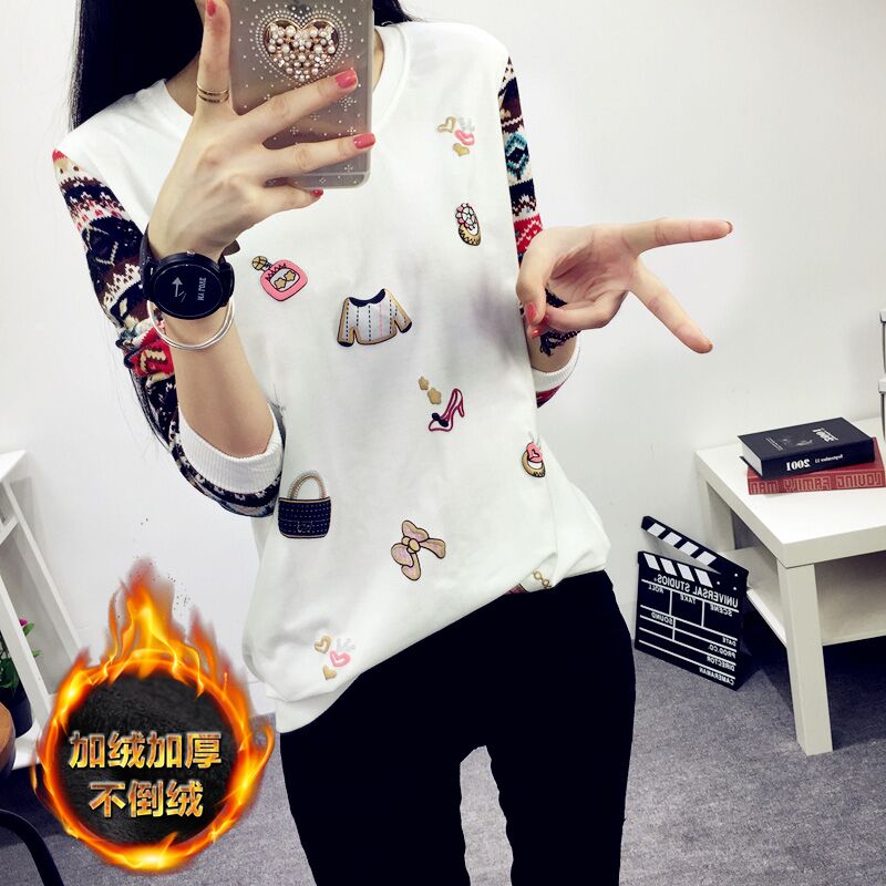 Korean Women autumn and winter plus velvet shirt shirt female letter loose big yards thick long-sleeved T-shirt female
