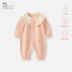 波步婴儿秋冬连体衣2025新款 外出爬服 女宝宝满月百天针织哈衣冬装