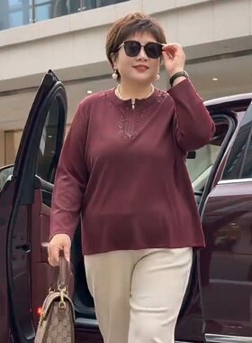 中老年妈妈长袖打底衫女烫钻宽松加肥加大码春秋女士奶奶T恤上衣