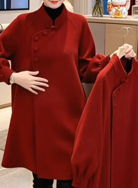 200斤大码红色双面呢子中国风大衣女中式时尚复古毛呢外套
