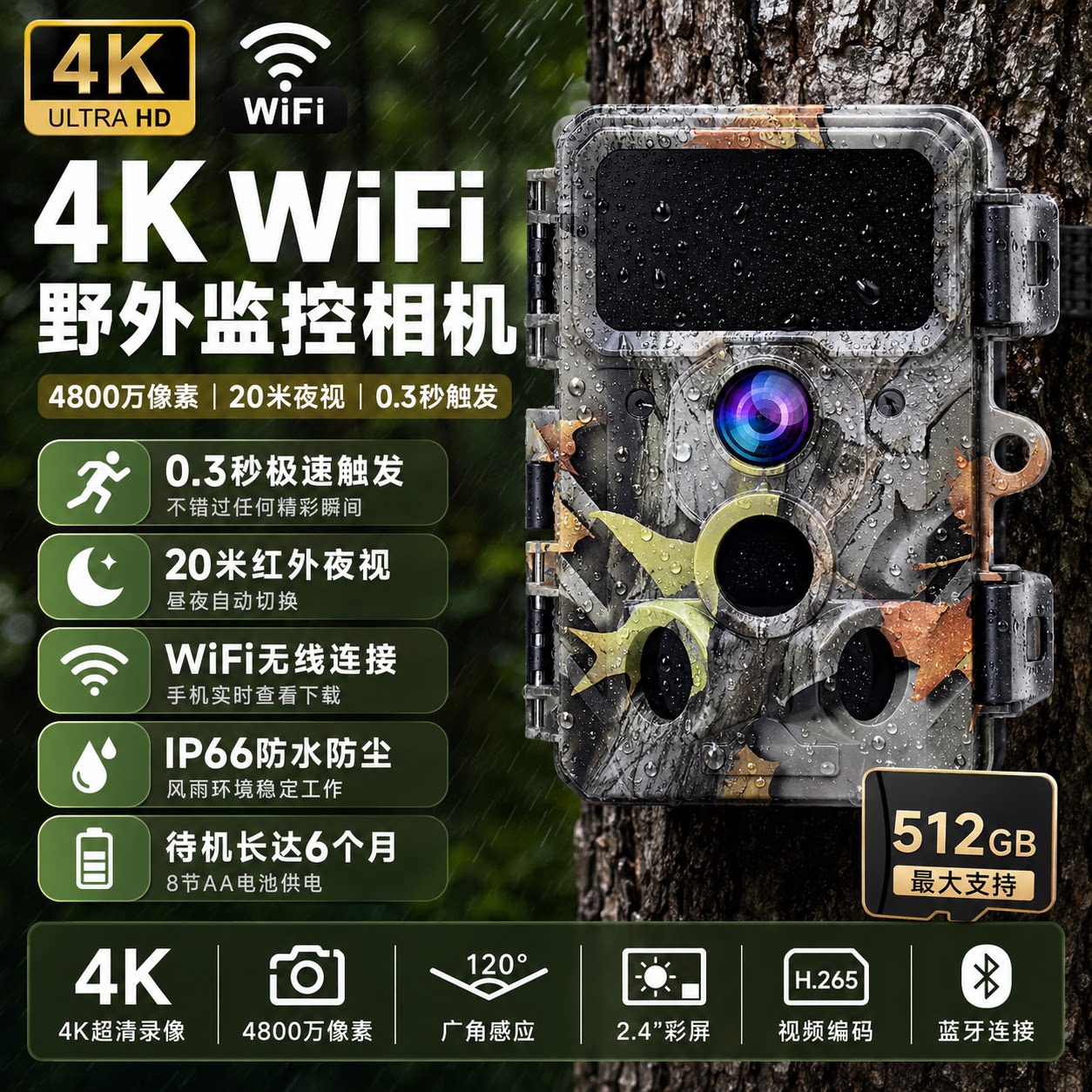 4K红外相机WiFi无线野外夜视摄像机防水缩时户外果园农场监控动物