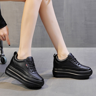 正品潮牌官方黑色内增高8cm女鞋子厚底小个子新款春秋真皮松糕休