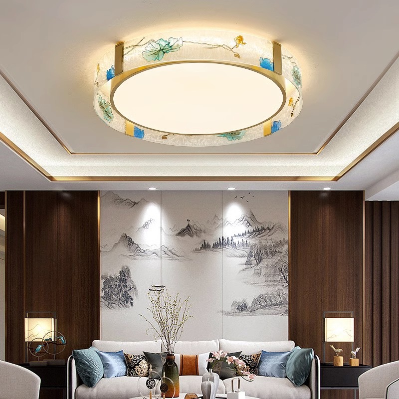 全铜新中式吸顶灯长方形客厅灯轻奢大气珐琅彩禅意餐厅卧室圆形灯