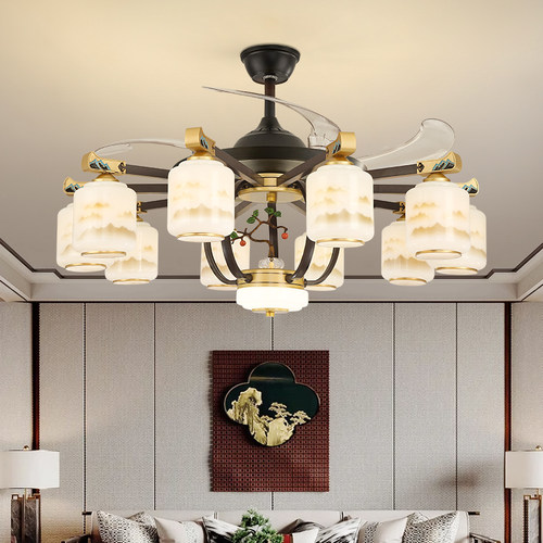 客厅风扇灯新中式隐形吊扇灯2024新款家用包厢餐厅电风扇吊灯一体