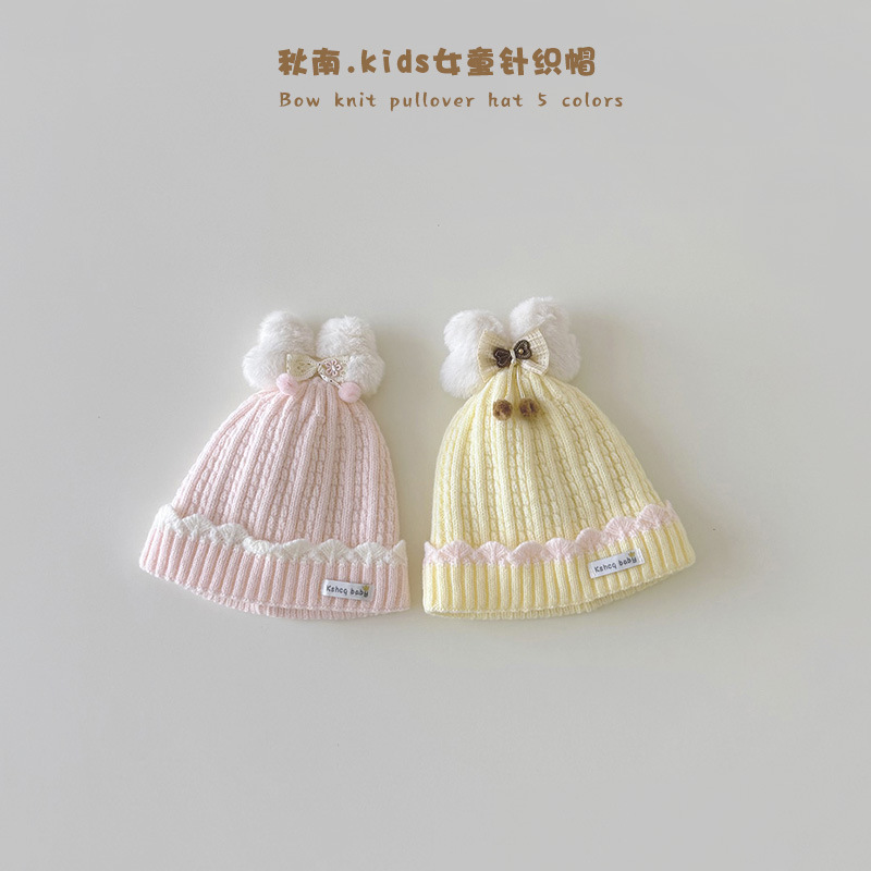 宝宝帽子秋冬季ins甜美蝴蝶结套头帽保暖防风女童婴幼儿针织帽厚