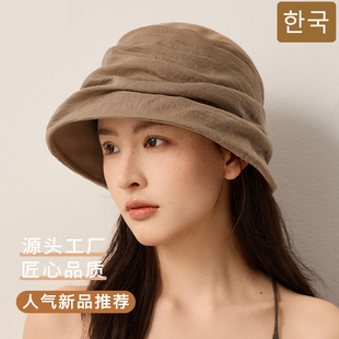 百搭慵懒风褶皱拼接遮阳防晒盆帽 2026韩高品质复古棉麻渔夫帽时尚