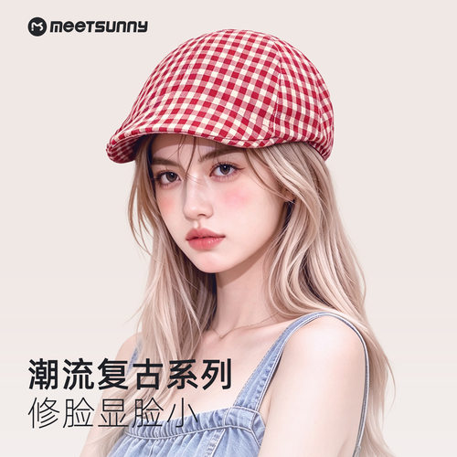 秋冬格纹显脸小前进帽女英伦风画家帽百搭韩系街头鸭嘴帽