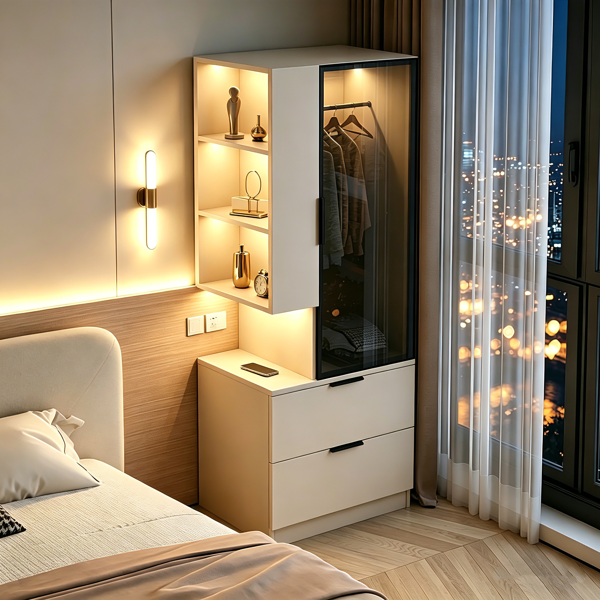 实木床边衣柜一体收纳储物柜家用卧室转角小户型简易单人窄柜衣橱