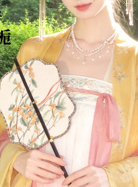 晴栀原创金栗桂花印花腰扇中式复古装饰拍照道具竹帘扇紫竹长柄