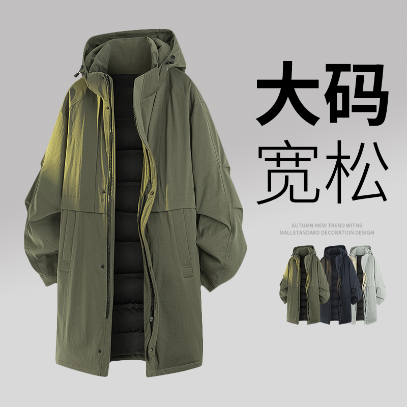 户外风连帽中长款风衣式棉服男女同款军绿色加厚保暖外套大码宽松