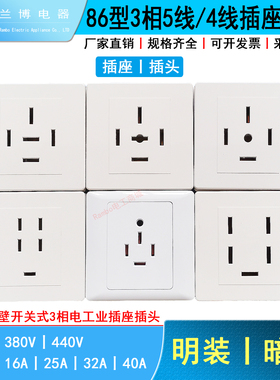 86型3相5线16A25A32A40A4线5孔380V250V440V工业墙壁开关电源插座
