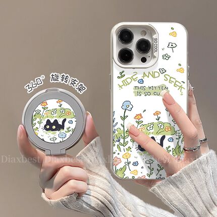 花丛黑猫适用opporeno14手机壳新款Reno13pro旋转支架RENO12磨砂彩银remo11PRO+防摔10por全包9/8/7女6/5k硬